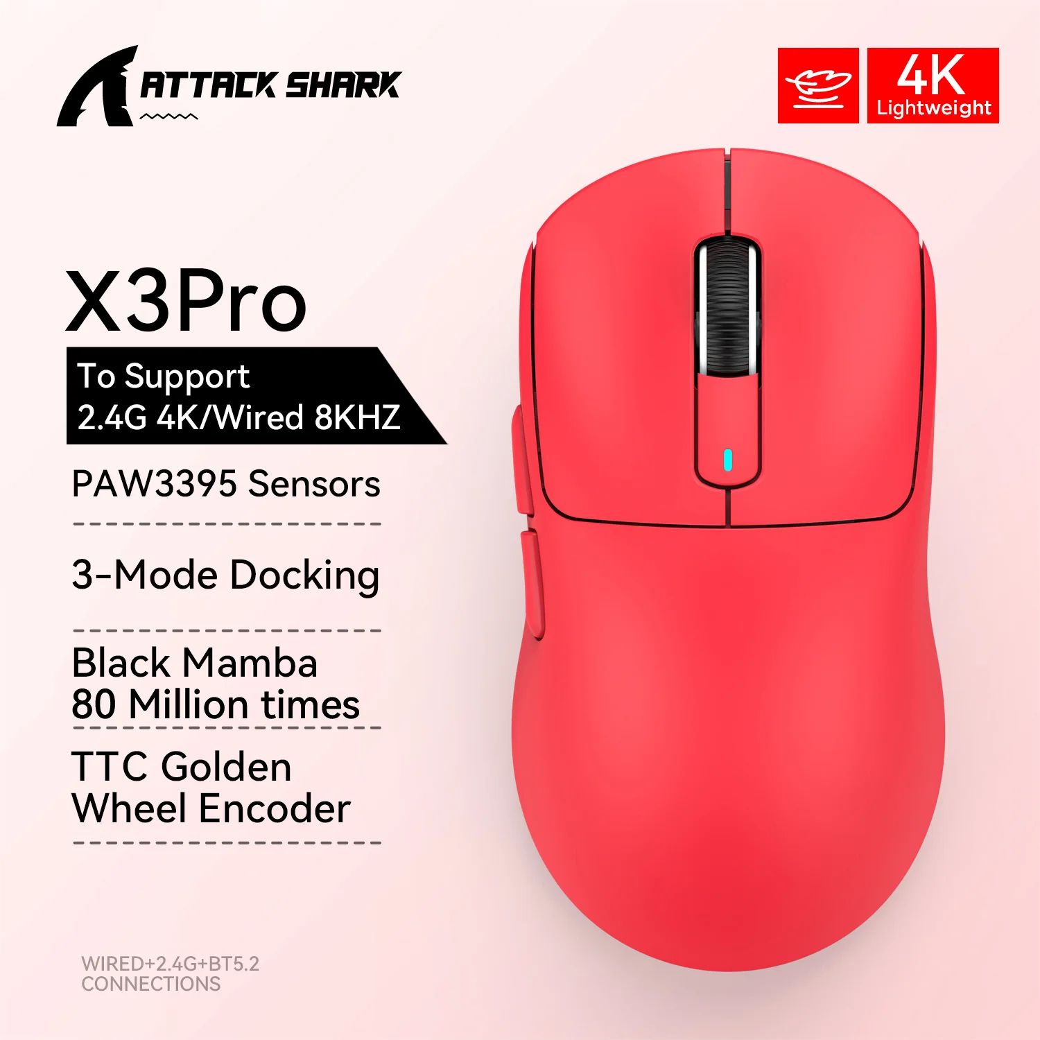 Attack Shark X3 Bluetooth Mouse,PixArt PAW3395,26000dpi,2.4g Wireless Tri-Mode Connection,Lightweight Macro Gaming Mouse