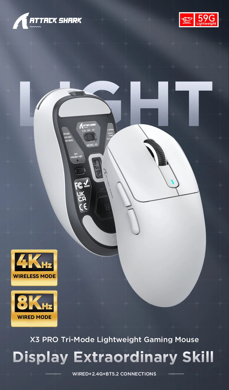 X3 Pro 4K/8K Hz Mouse 59g Superlight BT/2.4G Wired Wireless Mouse PixArt PAW3395 Gaming Sensor 26000 DPI for Win/Xbox/PS/Mac