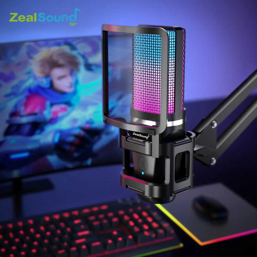 Zealsound RGB Recording Microphone With Articulated Arm/USB Condenser Mic with Tripod For Gaming Podcasting Streaming Youtube