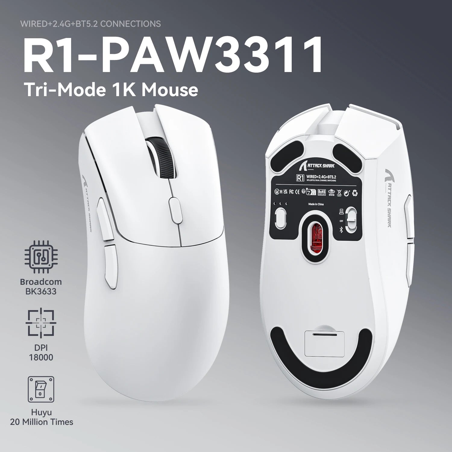 Attack Shark R1 Wireless Mouse Bluetooth Gaming Mouse PAW3311 Sensor,1000Hz Return-rate,Tri-mode,Ergonomic,Rechargeable