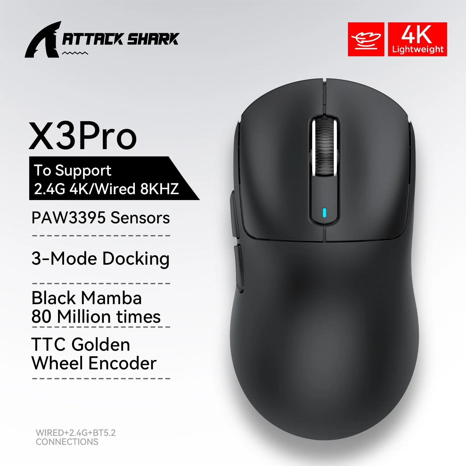 Attack Shark X3 Bluetooth Mouse,PixArt PAW3395,26000dpi,2.4g Wireless Tri-Mode Connection,Lightweight Macro Gaming Mouse