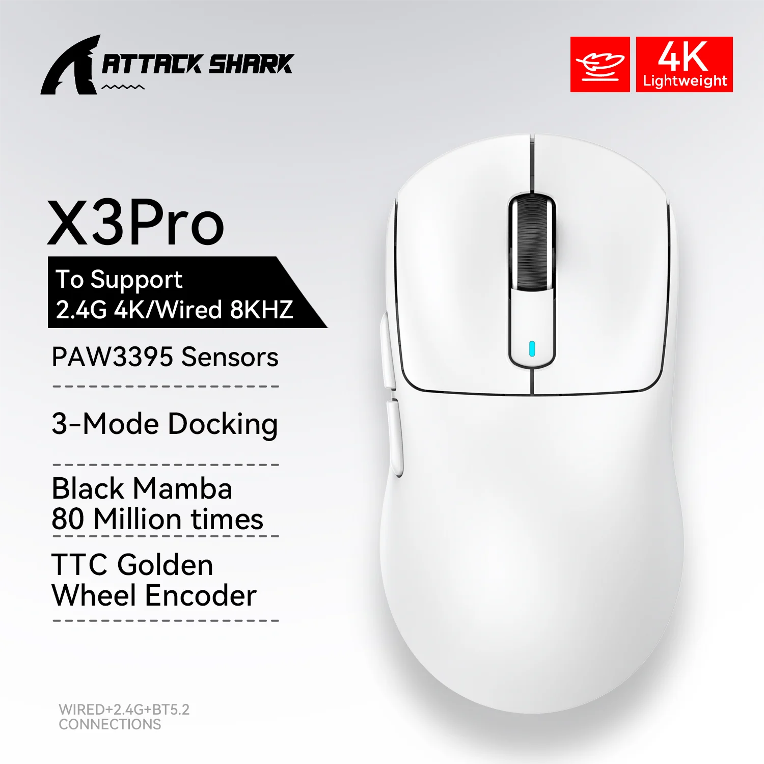 Attack Shark X3 Bluetooth Mouse,PixArt PAW3395,26000dpi,2.4g Wireless Tri-Mode Connection,Lightweight Macro Gaming Mouse