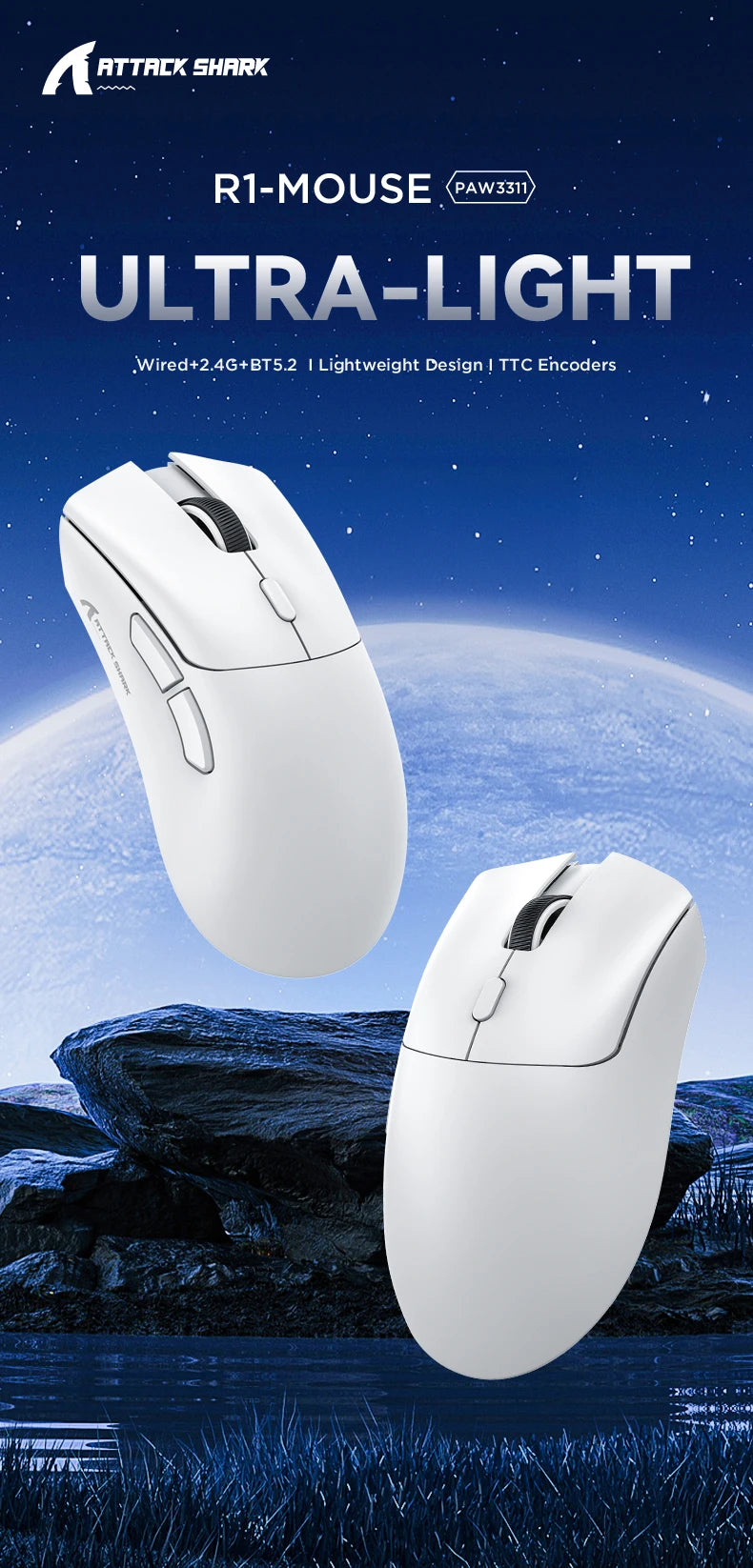 Attack Shark R1 18000dpi Wireless Mouse, 1000Hz, Tri-mode Connection, PAW3311,Macro Gaming Mouse