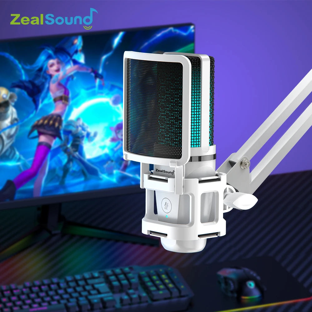 Zealsound RGB USB Gaming Microphone With Articulated Arm,White Computer Condenser Mic For PC Mac Recording Podcasting Streaming