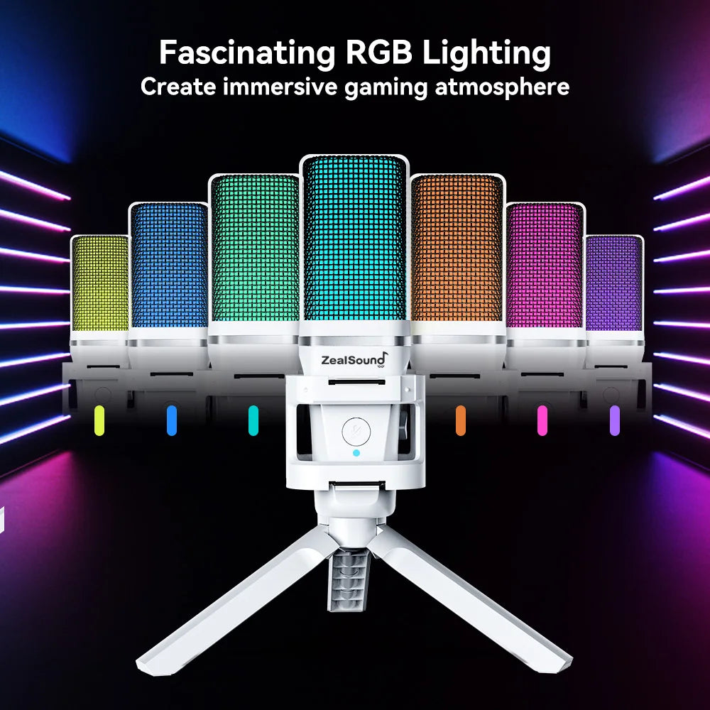 Zealsound RGB USB Gaming Microphone With Articulated Arm,White Computer Condenser Mic For PC Mac Recording Podcasting Streaming