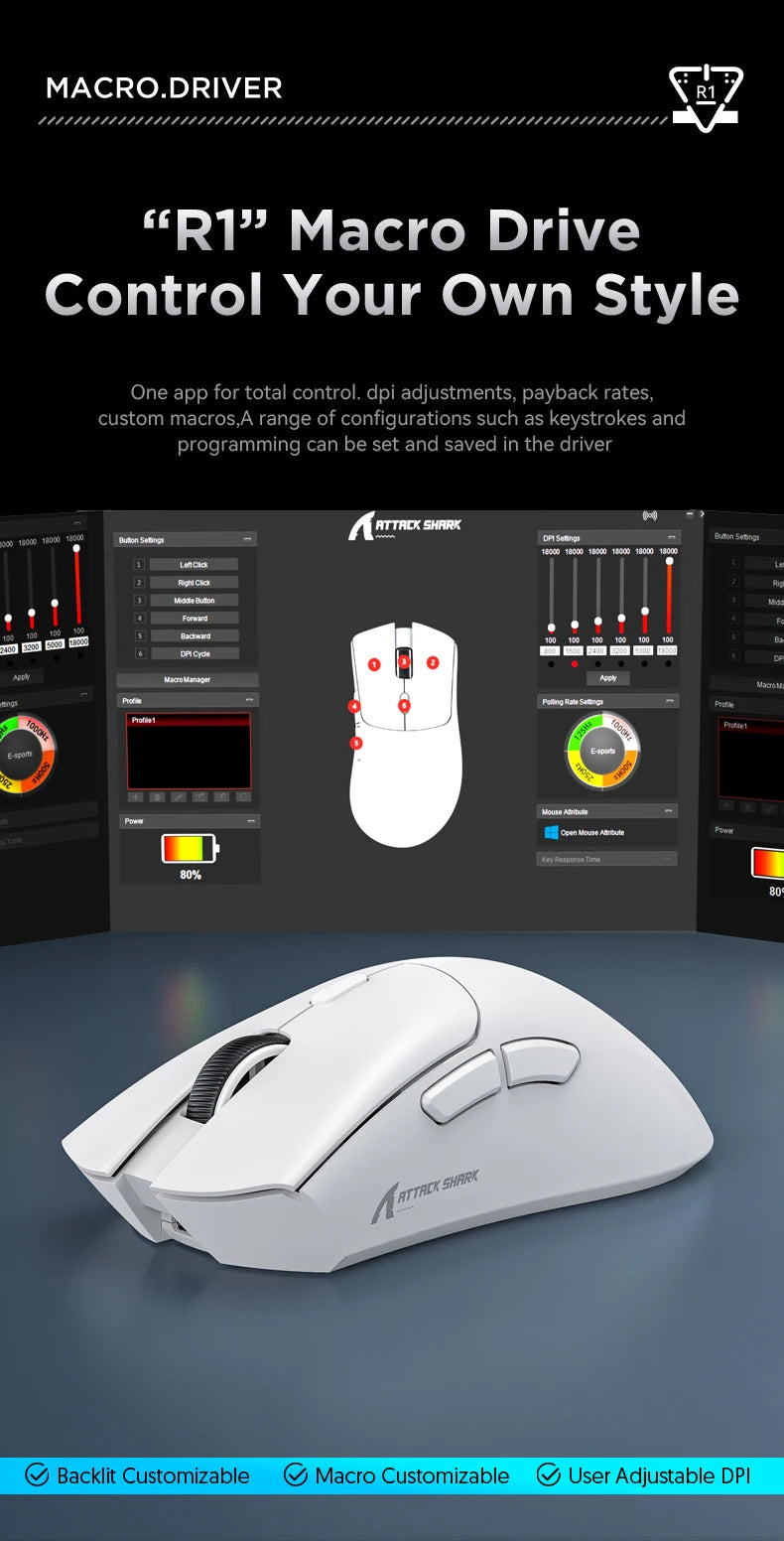 Attack Shark R1 18000dpi Wireless Mouse, 1000Hz, Tri-mode Connection, PAW3311,Macro Gaming Mouse