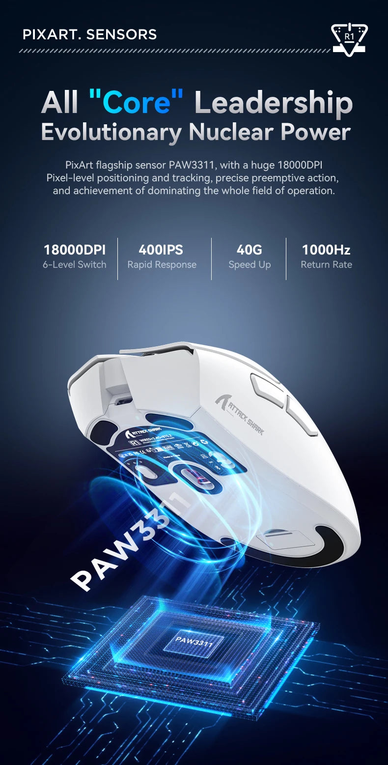 Attack Shark R1 18000dpi Wireless Mouse, 1000Hz, Tri-mode Connection, PAW3311,Macro Gaming Mouse