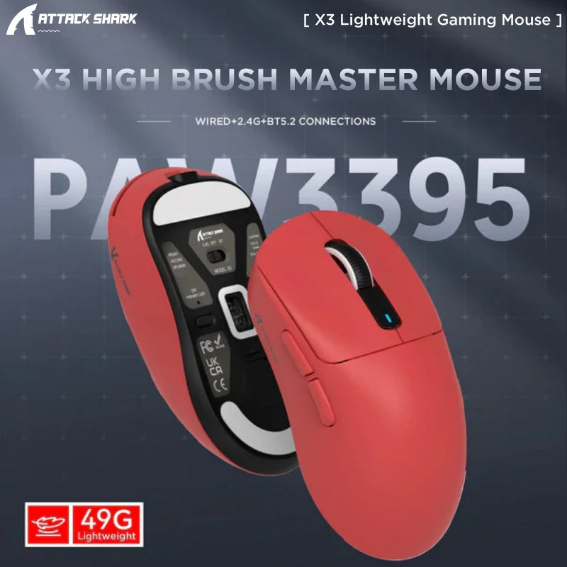 Attack Shark X3 Bluetooth Mouse,PixArt PAW3395,26000dpi,2.4g Wireless Tri-Mode Connection,Lightweight Macro Gaming Mouse