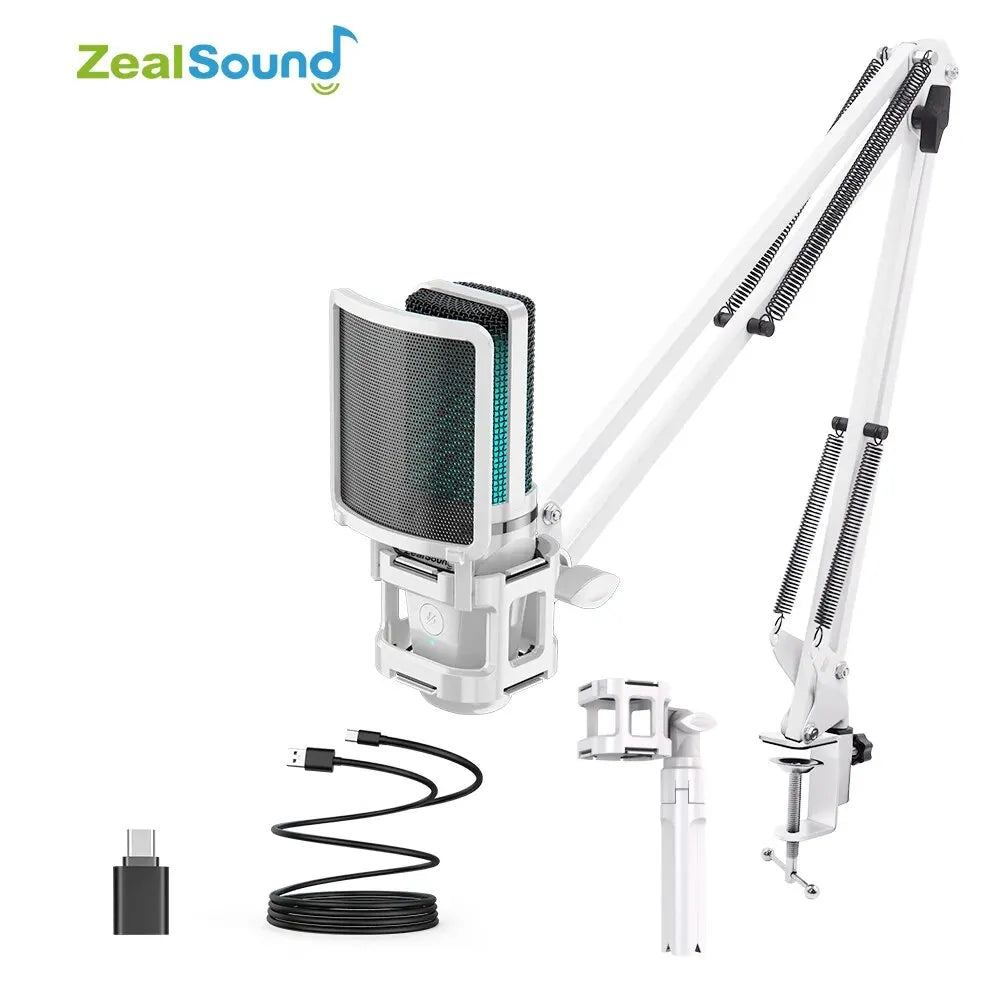 Zealsound RGB USB Gaming Microphone With Articulated Arm,White Computer Condenser Mic For PC Mac Recording Podcasting Streaming