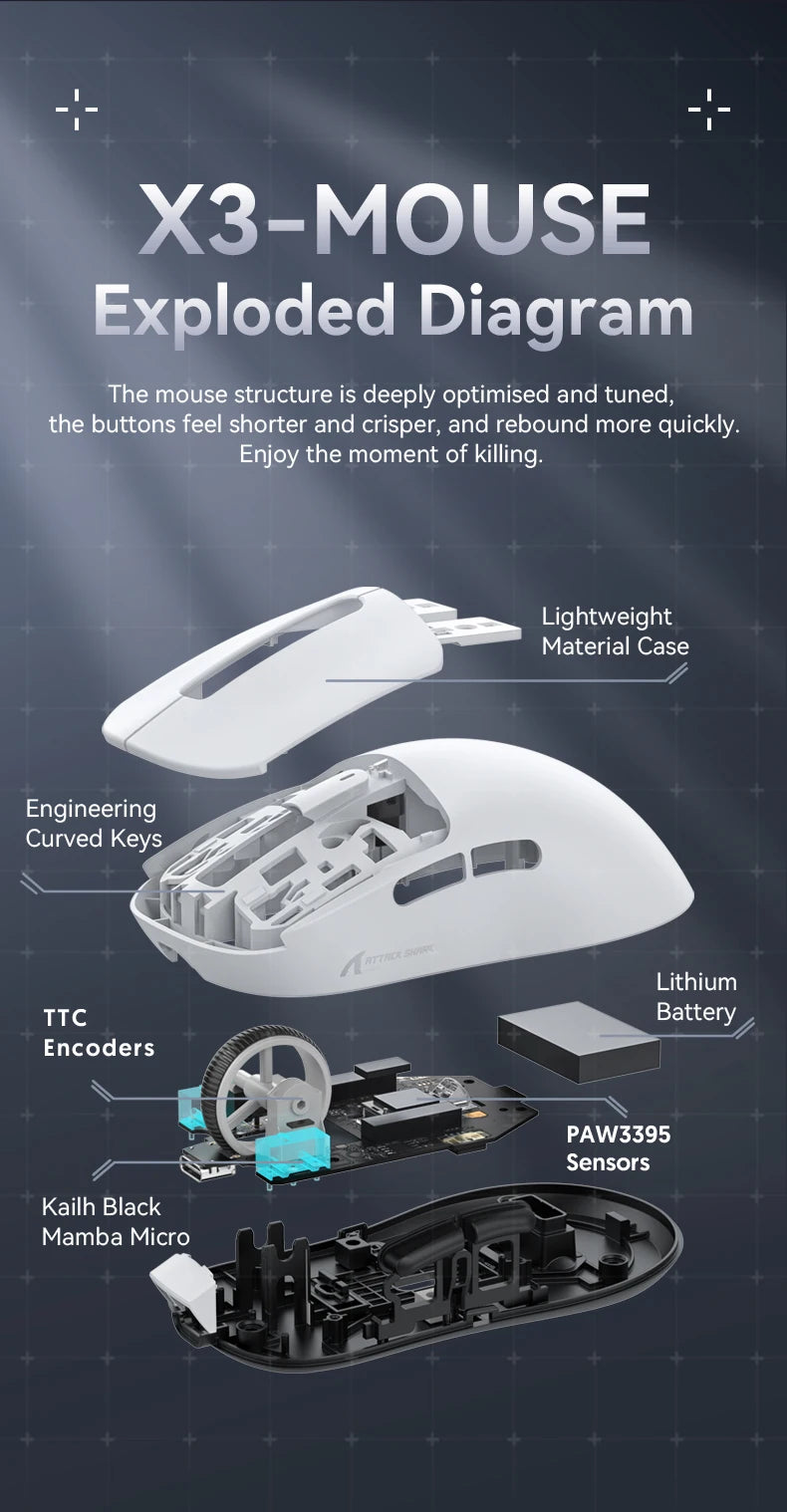 Attack Shark X3 Bluetooth Mouse,PixArt PAW3395,26000dpi,2.4g Wireless Tri-Mode Connection,Lightweight Macro Gaming Mouse