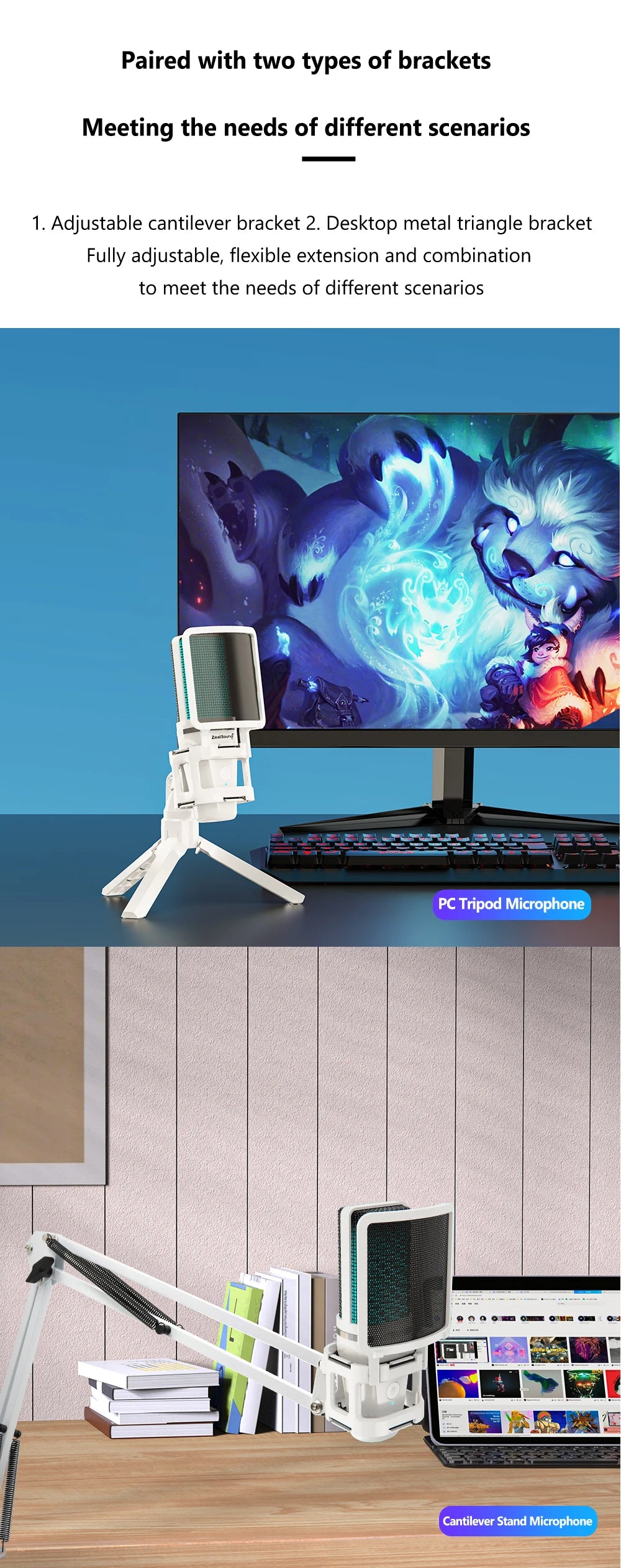 Zealsound RGB USB Gaming Microphone With Articulated Arm,White Computer Condenser Mic For PC Mac Recording Podcasting Streaming