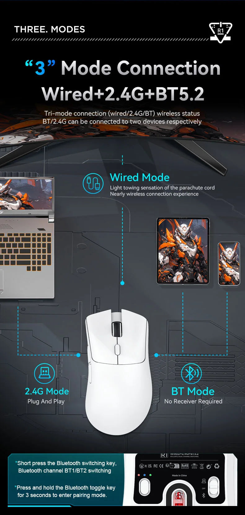 Attack Shark R1 18000dpi Wireless Mouse, 1000Hz, Tri-mode Connection, PAW3311,Macro Gaming Mouse