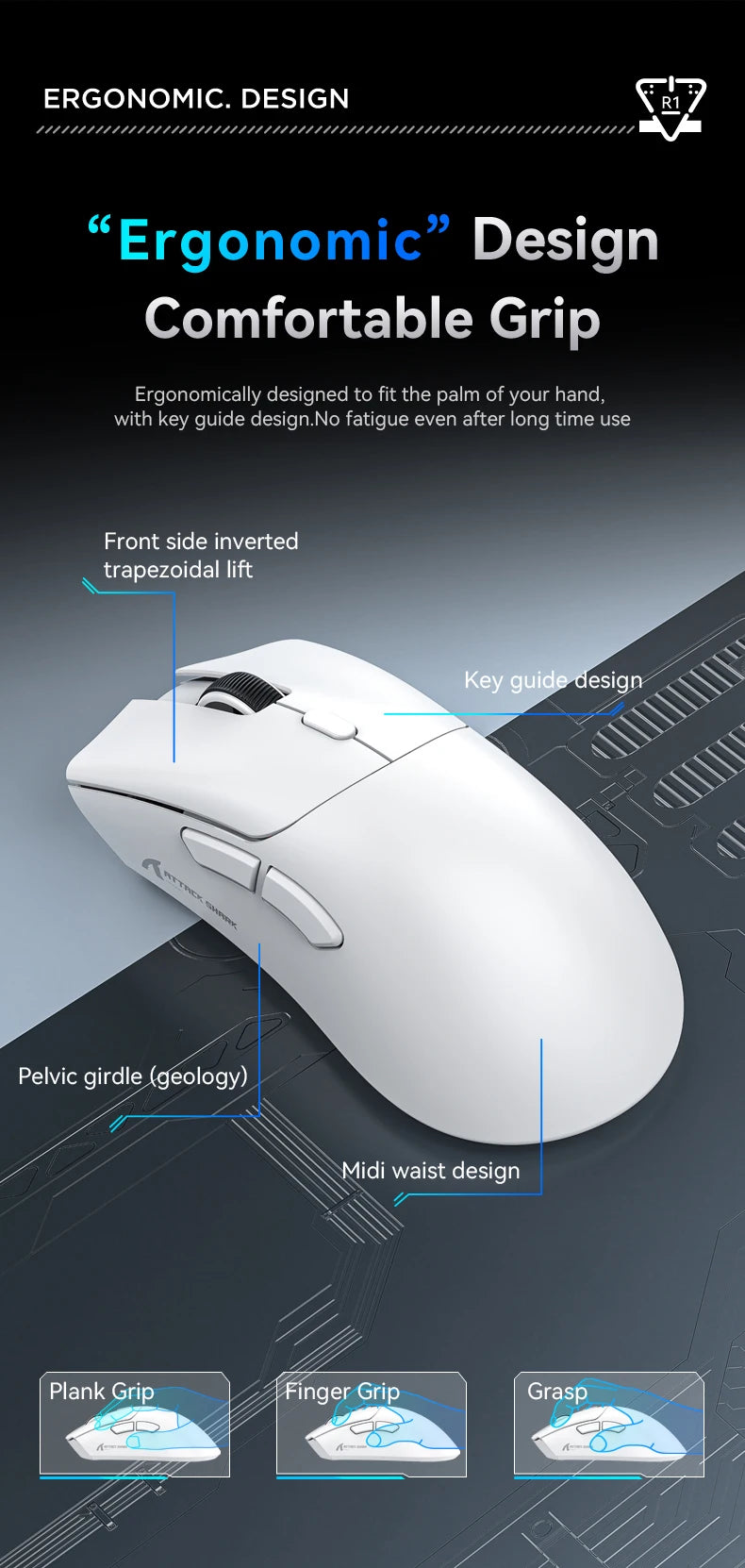 Attack Shark R1 18000dpi Wireless Mouse, 1000Hz, Tri-mode Connection, PAW3311,Macro Gaming Mouse