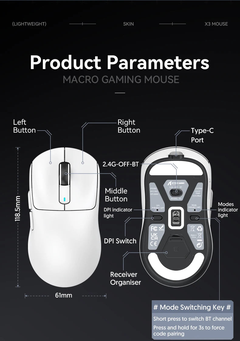 Attack Shark X3 Bluetooth Mouse,PixArt PAW3395,26000dpi,2.4g Wireless Tri-Mode Connection,Lightweight Macro Gaming Mouse