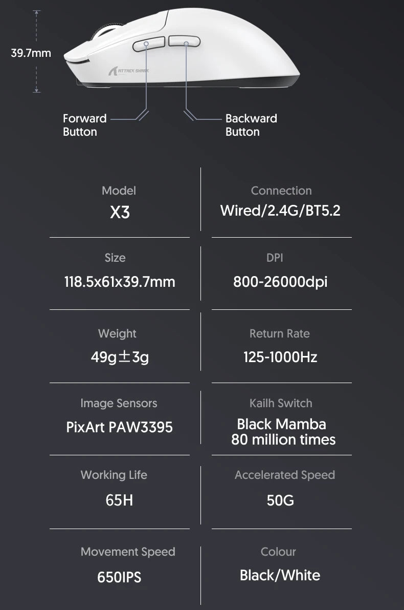 Attack Shark X3 Bluetooth Mouse,PixArt PAW3395,26000dpi,2.4g Wireless Tri-Mode Connection,Lightweight Macro Gaming Mouse