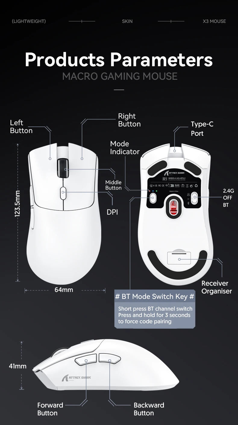 Attack Shark R1 Wireless Mouse Bluetooth Gaming Mouse PAW3311 Sensor,1000Hz Return-rate,Tri-mode,Ergonomic,Rechargeable