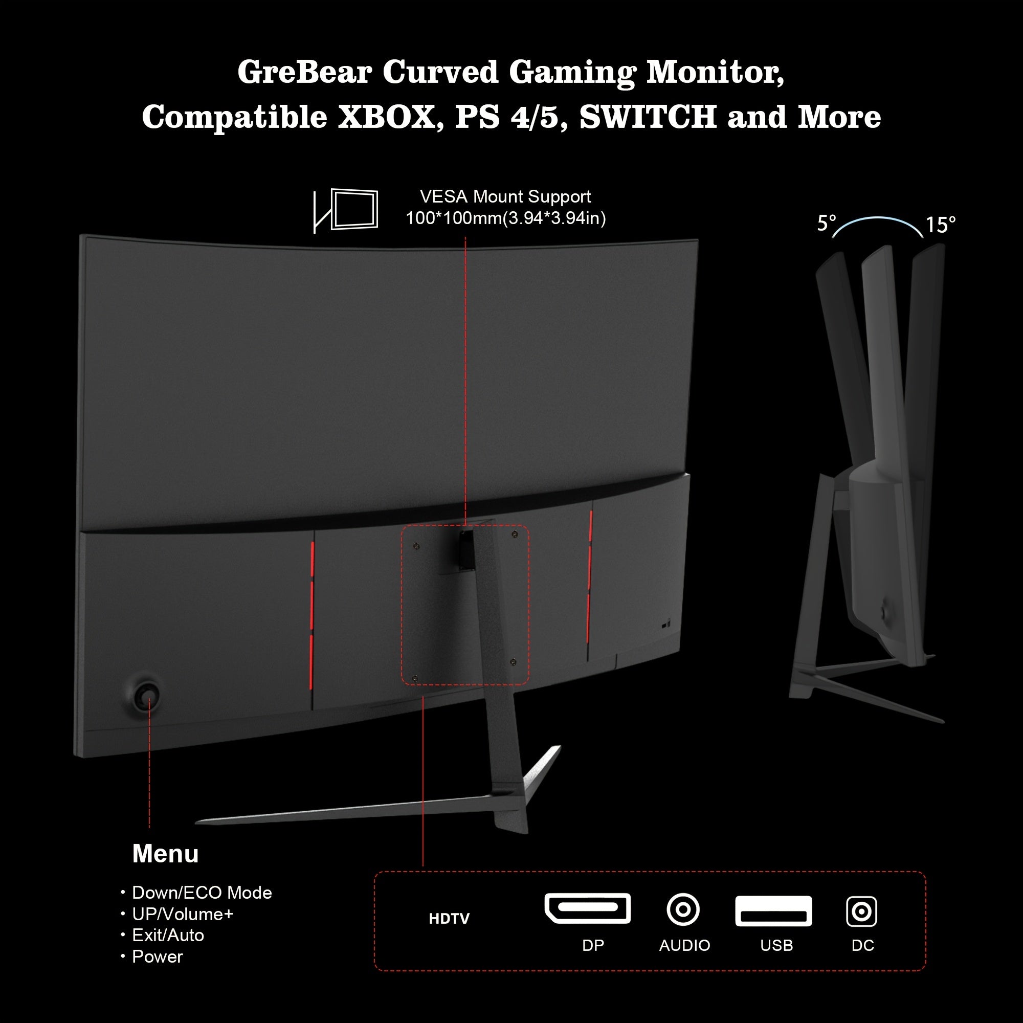 27" Curved Gaming Monitor - 165Hz FHD 1080P, VA Screen with 1ms GTG, FreeSync, 100% SRGB, HDR, HDTV, DP, Built-in Speaker, Adjustable Tilt, VESA Compatible for Home Office & Gaming